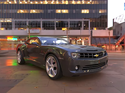 Black Chevrolet Camaro Parked On City Street At Evening With Illuminated Tall Buildings Background 3d model