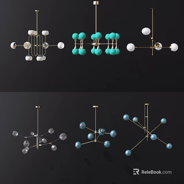 Modern Geometric Chandeliers With Colorful Spherical Elements And Gold Frames 3d model 