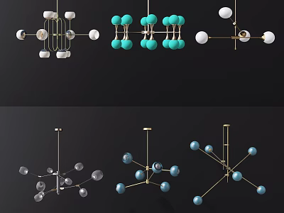 Modern Geometric Chandeliers With Colorful Spherical Elements And Gold Frames 3d model