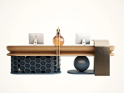 Modern Reception Desk Design With Wooden Countertop Honeycomb Base Dual Monitors And Decorative Vase 3d model