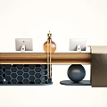 Modern Reception Desk Design With Wooden Countertop Honeycomb Base Dual Monitors And Decorative Vase