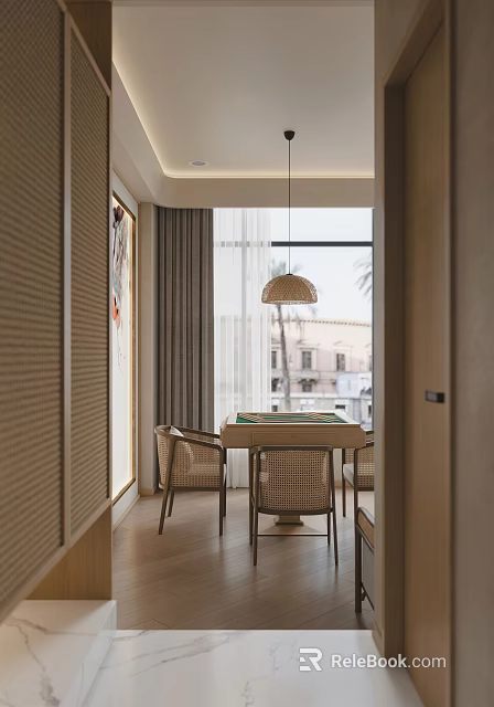 Modern Hotel Mahjong Room Interior With Mahjong Table Rattan Chairs And Pendant Lamp 3d model 