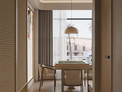 Modern Hotel Mahjong Room Interior With Mahjong Table Rattan Chairs And Pendant Lamp 3d model