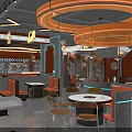Modern Hot Pot Restaurant Interior With Orange Decor Round Lighting And Seating Area