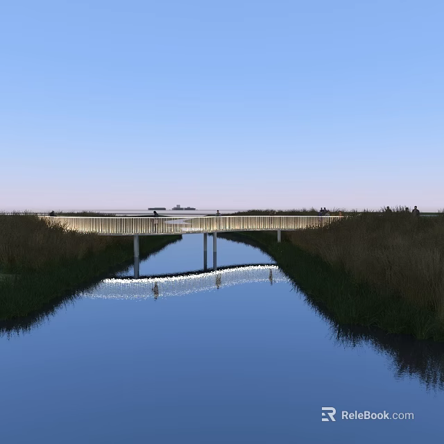 Scenic Landscape Bridge Over Calm Waterway With Reflection And Grassland Under Blue Sky 3d model 