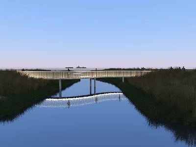 Scenic Landscape Bridge Over Calm Waterway With Reflection And Grassland Under Blue Sky 3d model