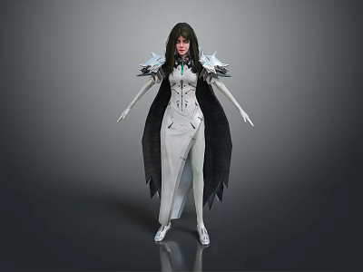 Game Movie Character In White Gown With Black Cape And Silver Shoulder Decorations 3d model
