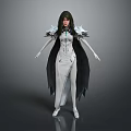 Game Movie Character In White Gown With Black Cape And Silver Shoulder Decorations