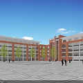 Red Brick School Building With White Accents Multiple Floors Lawn And Clear Sky