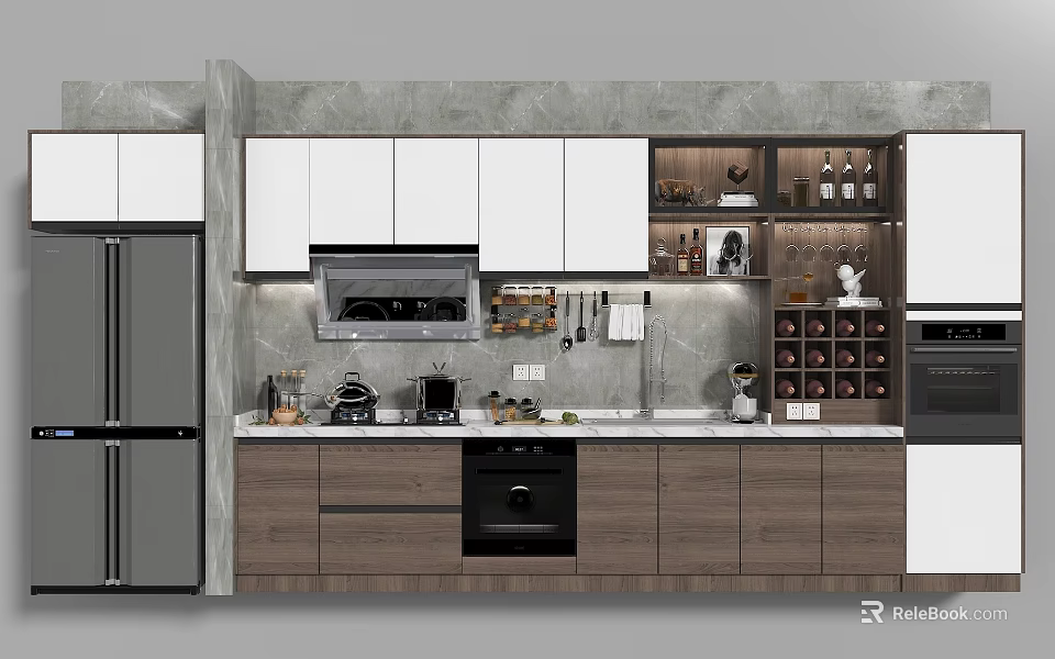 Modern Kitchen Interior With Hanging Kitchenware White Cabinets Gray Countertop And Appliances 3d model