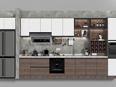 Modern Kitchen Interior With Hanging Kitchenware White Cabinets Gray Countertop And Appliances 3d model