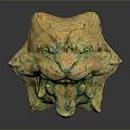 Ancient Bronze Mythical Beast Head Artifact With Green Patina And Gold Details