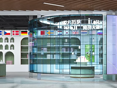 Specialty Store with Transparent Glass Building Display Cabinets International Flags and Cake 3d model