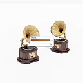 Two Vintage Phonographs With Classic Wooden Base And Golden Horns