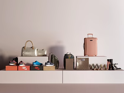 Fashionable Various Styles Of Shoes Displayed With Bags And Luggage 3d model