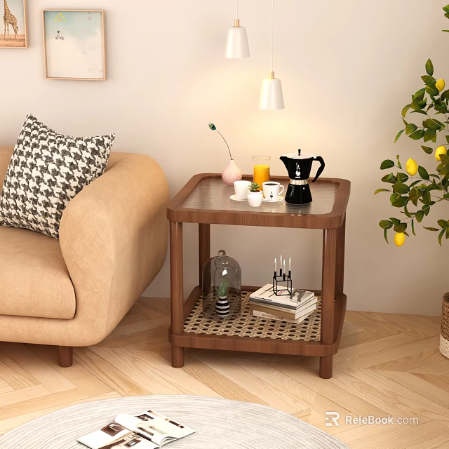 Wooden Side Table with Storage Shelf Coffee Pot Cups Vase Sofa and Lemon Plant 3d model 