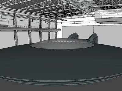 Large Industrial Indoor Space With Metal Roof Structure And Circular Floor 3d model