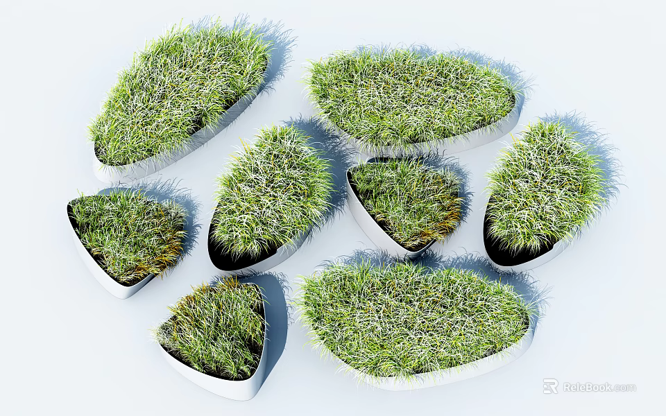 Multiple Green Grass Plants in White Irregular Shaped Decorative Containers 3d model