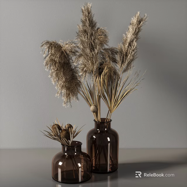 Brown Glass Vases With Dried Pampas Grass And Decorative Elements In Neutral Gray Interior 3d model 