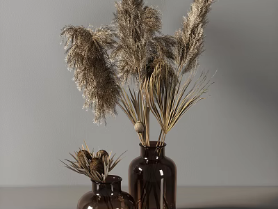 Brown Glass Vases With Dried Pampas Grass And Decorative Elements In Neutral Gray Interior 3d model