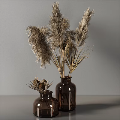 Brown Glass Vases With Dried Pampas Grass And Decorative Elements In Neutral Gray Interior 3d model