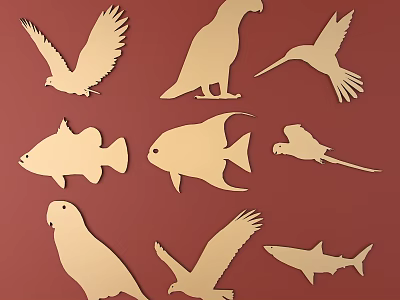 Artistic Decorative Animal Shaped Carvings With Birds And Fish On Red Background 3d model