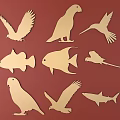 Artistic Decorative Animal Shaped Carvings With Birds And Fish On Red Background