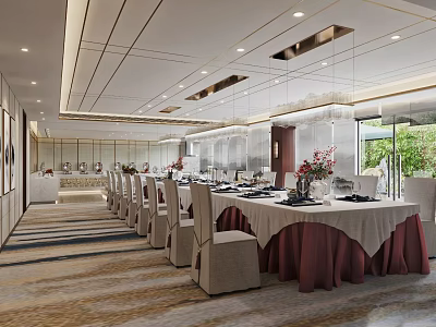 Elegant Restaurant Interior Featuring Neatly Arranged Tables White Red Tablecloths Large Windows And Green Views 3d model