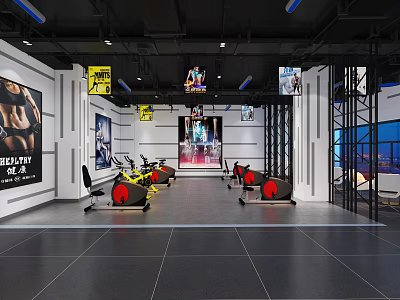 Modern Fitness Gym Interior With Spin Bikes Boxing Ring And Motivational Posters 3d model