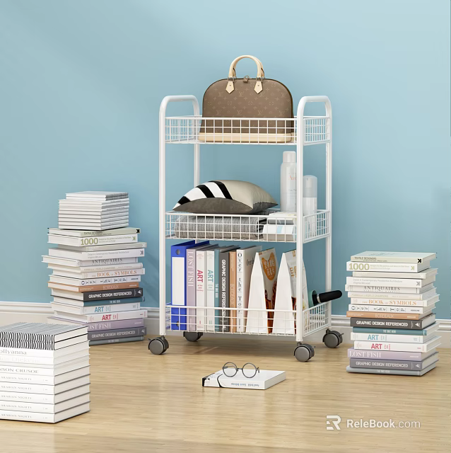 Mobile Metal Bookcase Cart With Multiple Tiers Books And Storage On Wooden Floor 3d model 