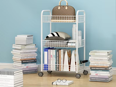 Mobile Metal Bookcase Cart With Multiple Tiers Books And Storage On Wooden Floor 3d model