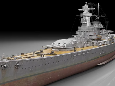 Detailed Warship Model With Main Turrets Upper Deck And Superstructure 3d model