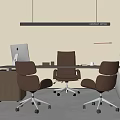 Modern Office Desk Setup With Wooden Top Leather Chairs Computer Monitor Desk Lamp And Pendant Light