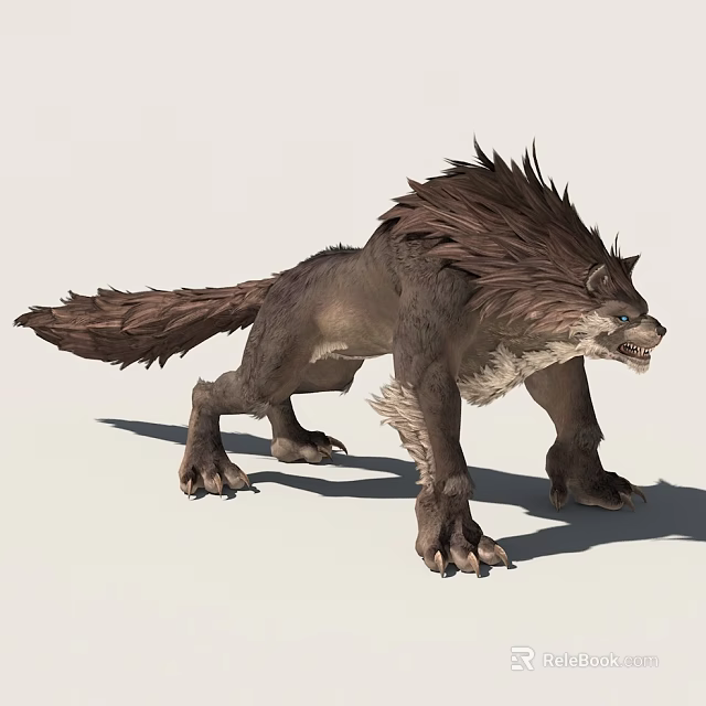 Ferocious Mythical Wolf with Fluffy Fur Muscular Body Sharp Claws Open Mouth on White Background 3d model 