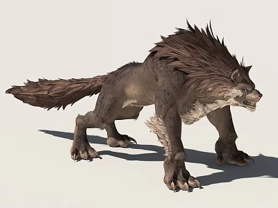 Ferocious Mythical Wolf with Fluffy Fur Muscular Body Sharp Claws Open Mouth on White Background 3d model