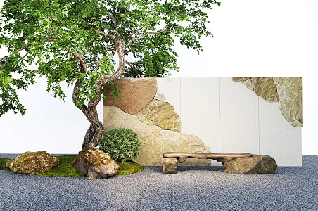 Modern Zen Courtyard Setches Zen Scene Stone Wall Landscape Wall Sitting Stool 3d model