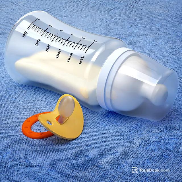 Ceramic Baby Bottle With Measurement Scale And Yellow Pacifier On Blue Cloth 3d model 