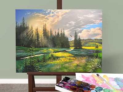 Art Supplies Easel Canvas Landscape Painting With Paint Brushes And Palette 3d model