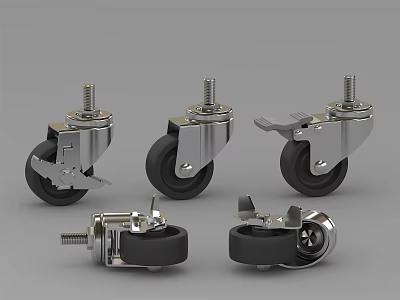 Durable Caster Wheels With Metal Frame Black Rubber Tires And Brake For Furniture 3d model