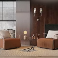 Modern Brown Single Seater Sofas With Coffee Table And Wooden Wall Interior