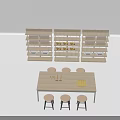 Modern Dining Table With Stools And Wooden Shelves Displaying Yellow Items 3d model
