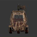 Rusty Military Vehicle With Vintage Design Flatbed Trailer And Roof Mounted Equipment