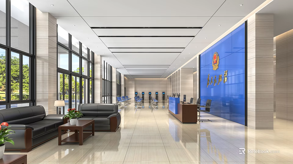 Modern Reception Desk In Spacious Lobby With Sofa Coffee Table Glass Windows And Blue Wall 3d model 