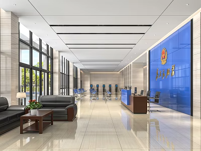 Modern Reception Desk In Spacious Lobby With Sofa Coffee Table Glass Windows And Blue Wall 3d model