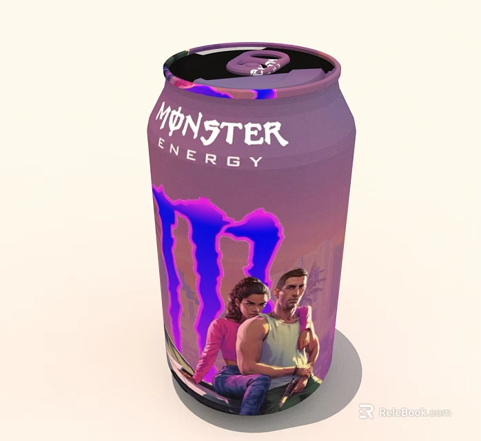 Monster Energy Can With Purple Design And People Image On City Background 3d model 
