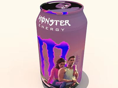 Monster Energy Can With Purple Design And People Image On City Background 3d model