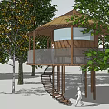Circular Wooden House With Thatch Roof Surrounded By Trees And Terrace Staircase