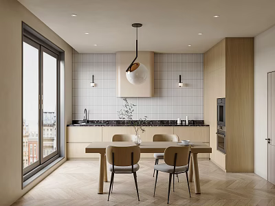 Modern Kitchen Interior Design With Large Windows White Tiled Backsplash And Wooden Cabinets 3d model