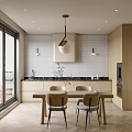 Modern Kitchen Interior Design With Large Windows White Tiled Backsplash And Wooden Cabinets