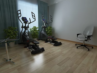 Home Gym Interior With Fitness Equipment Green Plants Office Chair And Wooden Floor 3d model